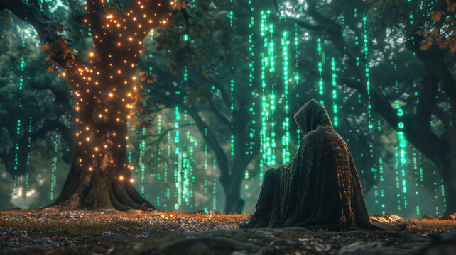 a cybersecurity hacker is working in a park where the trees are codes, binaries everywhere around the guy, green codes and dark vibe.generative ai