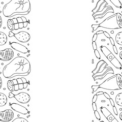 Meat frame. Doodle meat background. Vector illustration with meat products icons