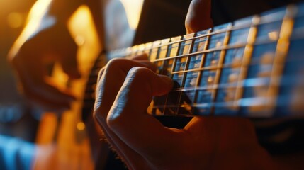 Fototapeta premium Close-up of hands playing an acoustic guitar with warm lighting, creating a serene and artistic ambiance perfect for music-related visuals.