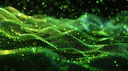 Technology wave of green particles, dark background, symbolizing big data visualization and artificial intelligence