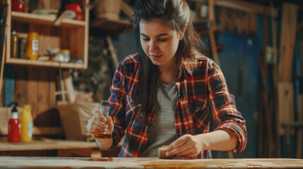 Experienced female carpenter applying varnish to a finished wooden project