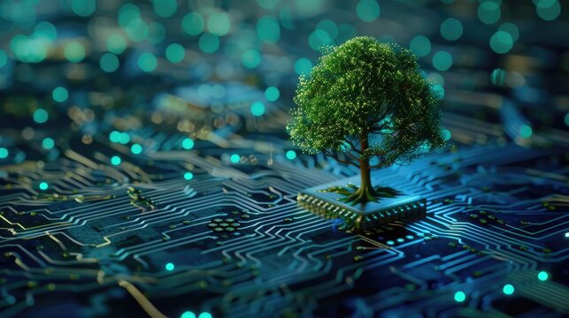 Tree growing on a computer circuit board with blue light and wireframe network, symbolizing green computing and sustainable technology