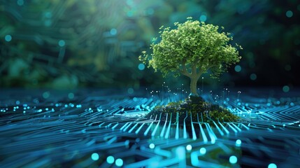 Tree sprouting from a circuit board convergence point, blue network background, highlighting green computing and IT sustainability