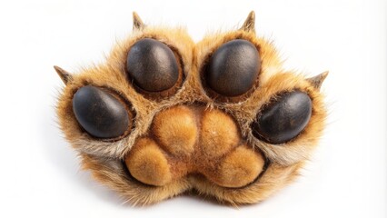 Closeup of a single adorable canine paw pad with claws extended on a plain white studio background isolated.