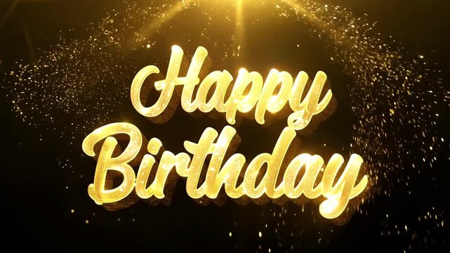 Shimmering golden 'Happy Birthday' text with sparkling star effects for birthday celebrations, party invitations, festive videos, social media content, birthday greetings, video cards