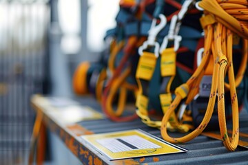 Safety harness and equipment displayed neatly with a checklist