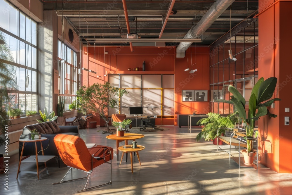 Wall mural interior of modern office with orange walls, concrete floor, orange armchairs and coffee tables.