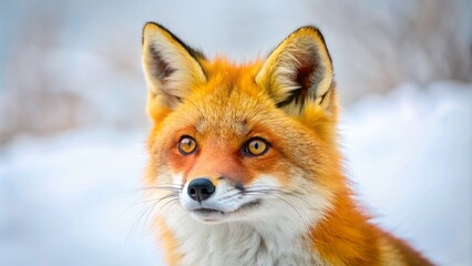 Fototapeta premium Vibrant orange-red fur, bushy tail, and piercing yellow eyes define a curious, youthful red fox gazing upward in isolated white surroundings.