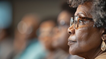 Close-up view of women participants in a seminar, with focused attention and serious expressions, underscoring their deep engagement and interest in the subject matter being discussed.