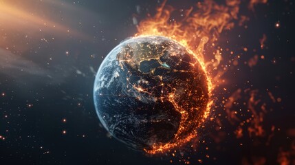 Fototapeta premium Global warming campaign poster with Earth depicted in flames, emphasizing the impact of rising temperatures