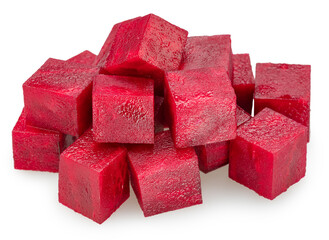 Raw red beetroot cubes isolated on white background. File contains clipping path.