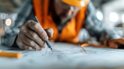 An engineer in an orange safety vest and helmet intensely studies a blueprint, signifying meticulous planning and design work in an indoor construction setting.