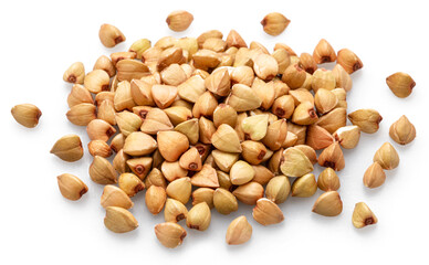 Hulled kernels of buckwheat cereal isolated on white background.