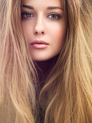 Fototapeta premium Beautiful modern blonde woman with volume hairstyle, long luxurious hair and beauty makeup, glamorous look face portrait for luxury fashion and natural cosmetics idea