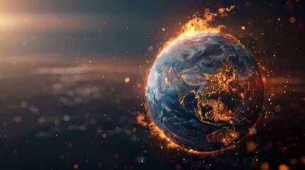 Digital illustration of Earth in flames, raising awareness about global warming and rising temperatures