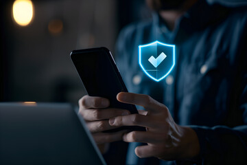 A person working on his mobile phone, trying to protect his laptop from threats, cyber security, phishing...