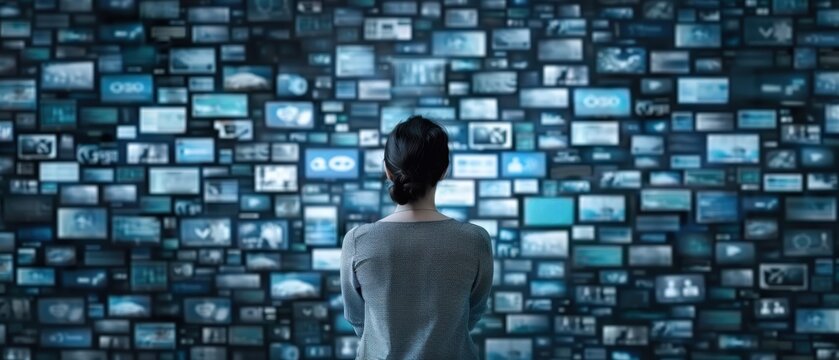Creative visual of a person amidst numerous screens showing social media, news, and messages, highlighting information overload