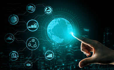 Finance and Money Transaction Technology Concept. Icon Graphic interface showing fintech trade exchange, profit statistics analysis and market analyst service in modern computer application. uds