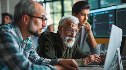 Obraz premium Senior Man Learning Computer Skills With Help From Younger Colleagues