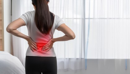 A woman experiencing back pain at home, highlighting the discomfort and struggle of managing chronic pain.