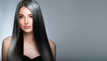Fototapeta premium A beautiful woman with long, sleek hair featuring a stunning silver and black gradient, exuding confidence and style.
