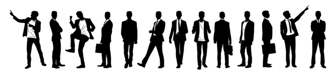 Silhouettes of Businessman character in different poses. Man standing, walking, pointing, with briefcase, front, back, side view. Vector black monochrome illustrations on transparent background.