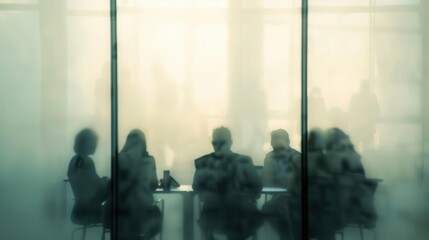 abstract view of a corporate meeting through frosted glass blurred silhouettes in muted tones convey a sense of privacy and professionalism clean minimalist composition