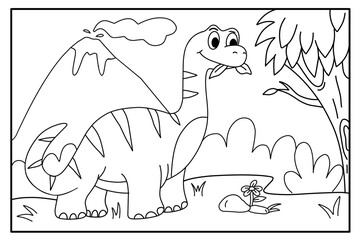 dinosaur illustration line art coloring book, cute diplodogus eating leaves in the wild
