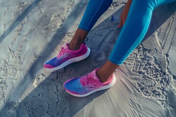 Stylish colorful running shoes on sandy terrain. Captures outdoor activity and vibrant footwear. Perfect for athletic themes and casual sports concepts. Generative AI