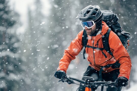 Cyclist Riding Through Winter Snow