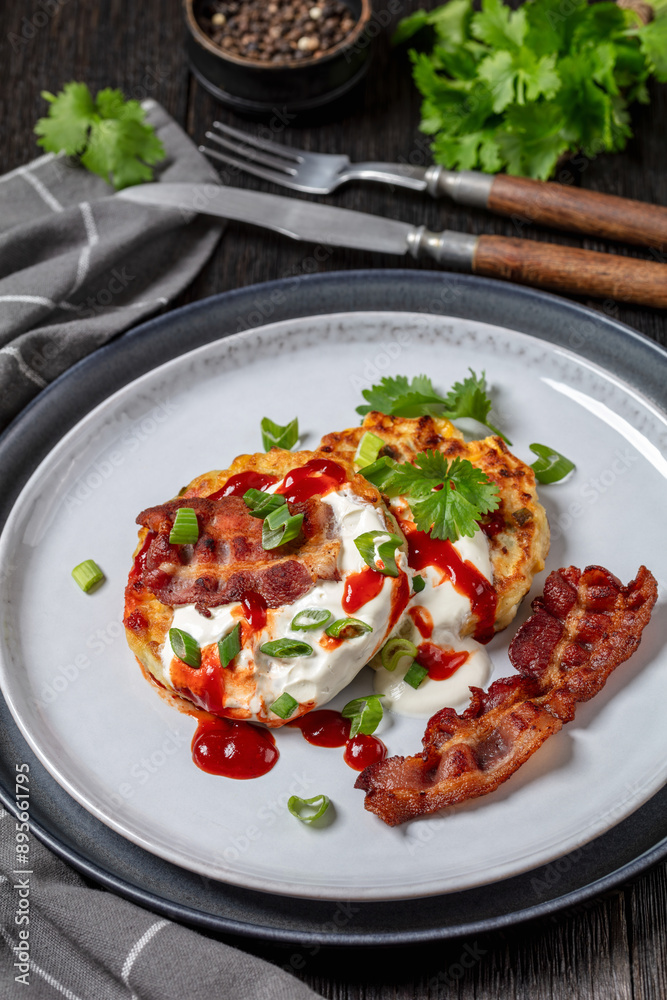 Wall mural tasty cheese sweet corn pancakes with fried bacon