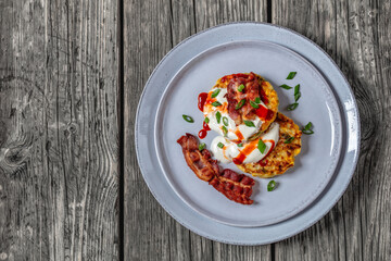 tasty cheese sweet corn pancakes with fried bacon