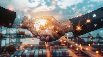 Smart logistics, Global business concept. Businessman making handshake for successful business, investment deal teamwork and partnership business partners on logistic global network and supply chain