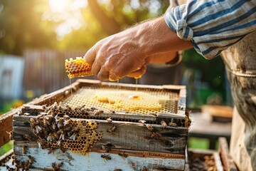 Beekeeper carefully removing a honeycomb frame from a beehive 