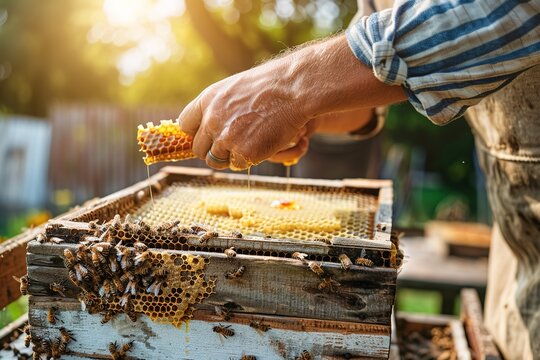 Beekeeper carefully removing a honeycomb frame from a beehive - Powered by Adobe