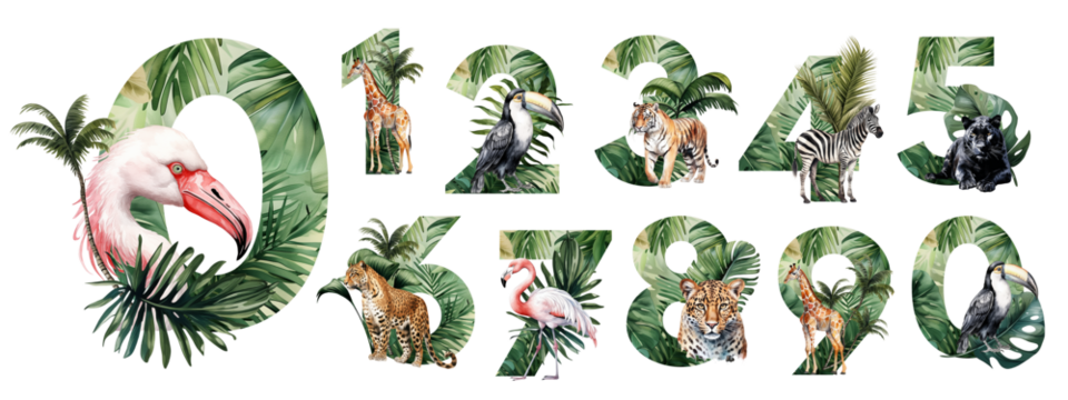 Ten watercolor numbers with jungle animals and tropical leaves.