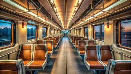 Empty commuter train car with rows of seats and dim lighting, reflecting the monotony of daily urban routines.