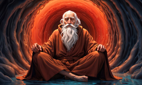 High detailed art illustration.  Jonah and the whale biblical story concept. Jonah praying to God while inside the belly of a whale. Religious theme.