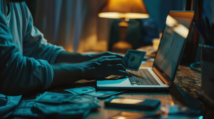 Hands counting money with a laptop displaying investment data, budgeting and financial planning in a dimly lit room.