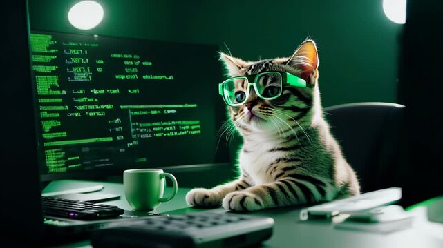 Funny cat wearing glasses coding at computer, funny tech concept