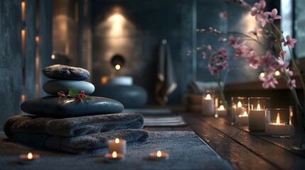Spa Relaxation with Stones, Candles, and Flowers