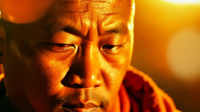 Close-up of determined Shaolin monk in orange robe with intense lighting, warm orange tones creating dramatic focused atmosphere