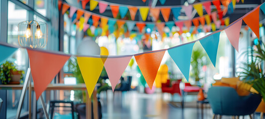 Colorful office party decorations. Vibrant bunting hangs across a modern office space with stylish furniture and lighting