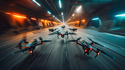 Fleet of Drones Flying Through a Tunnel