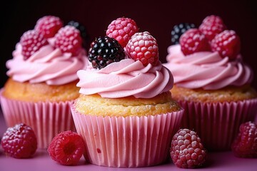 A pink cupcake topped with raspberries and a blackberry sits beside two other cupcakes on a purple surface