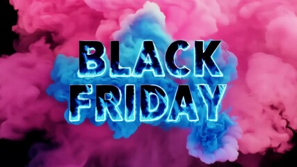 Black Friday text with blue and pink smoke clouds on black background, vibrant and eye-catching promotional design