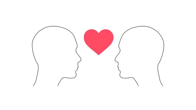 4 animations. Outlines of two heads appearing on screen. Heart forming in between. White background and green screen background.