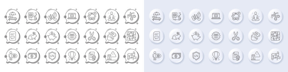 Comments, Food delivery and Metro map line icons. White pin 3d buttons, chat bubbles icons. Pack of Bus parking, Uv protection, Banking icon. Headset, Destination flag, Yoga pictogram. Vector