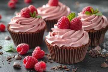 Chocolate cupcakes topped with pink frosting and raspberries scattered on a dark surface with chocolate shavings