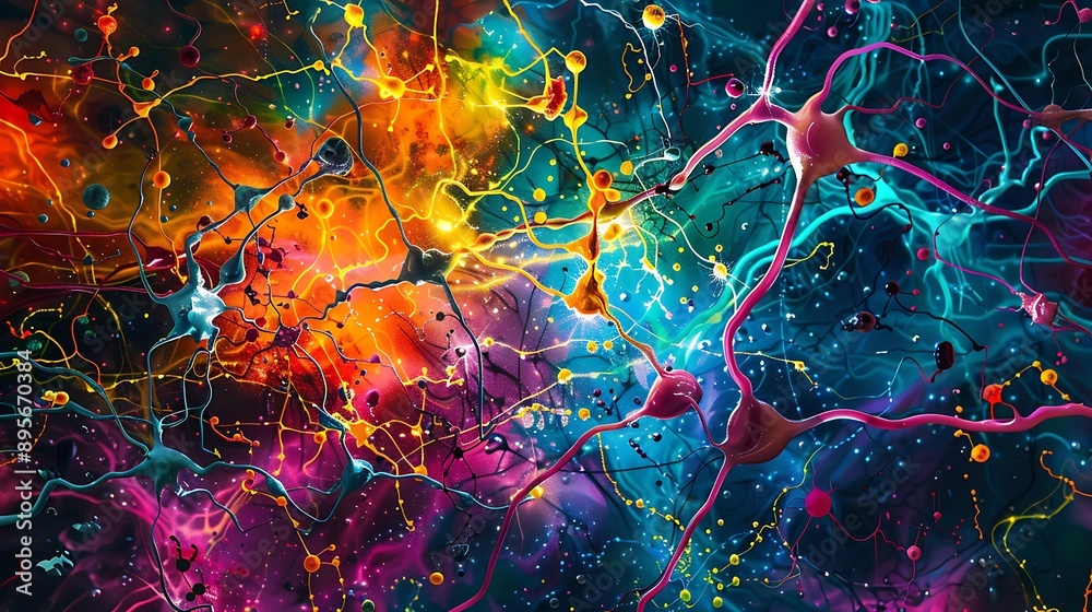 Poster a vibrant and intricate web of interconnected neural pathways symbolizing artistic creativity, with 